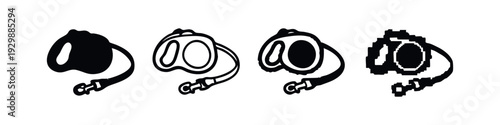 Retractable Dog Leash Silhouette and Outline Pixel Art Icons Set (Top View)