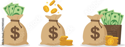 Money bags with dollar signs and cash Keywords: money bag, dollar sign, cash, coins, currency