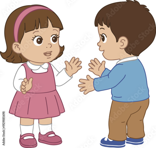 Two cartoon children playing together on a white background
