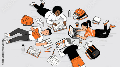 Modern Flat Vector Students Studying Together Top View Illustration