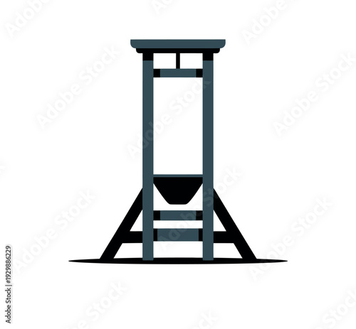 A guillotine stands alone on a white background, symbolizing capital punishment and historical execution methods.