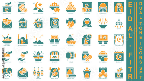 Eid Al - Fitr Dual tone icons set. contain almsgiving, dua prayer, eid envelope, cookies, donation, charity, arom oil and more. Vector for modern concept, print, UI, UX kit, web and app development