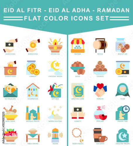 Eid Al - Fitr Flat color icons set. contain almsgiving, dua prayer, eid envelope, cookies, donation, charity, arom oil and more. Vector for modern concept, print, UI, UX kit, web and app development