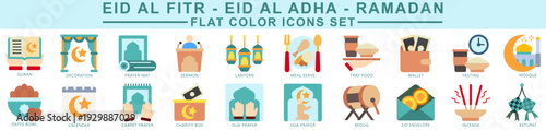 Eid Al - Fitr Flat Color icons set. contain adzan, mosque, crescent moon, tea serve, tray food, tasbih beads, fasting and more. Vector for modern concept, print, UI, UX kit, web and app development.
