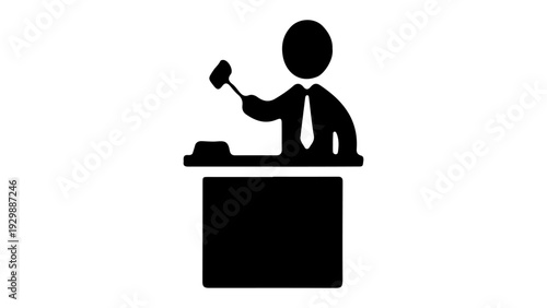 Judge sitting at the bench with gavel, court icon silhouette.