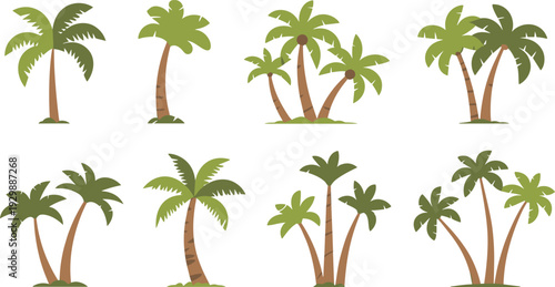 Set of stylized palm tree illustrations, tropical cartoon coconut trees collection, flat vector design isolated on white background