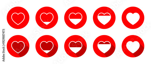 Heart progress icon set with long shadow. Love fill level symbol