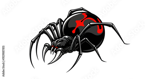 Poisonous Black Widow Spider with Red Hourglass Marking, Dangerous Arachnid Illustration