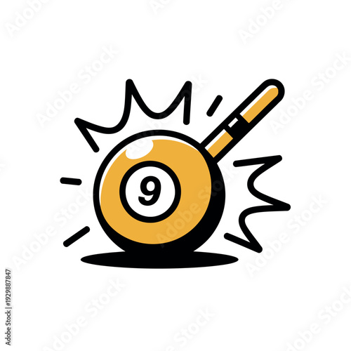 A cartoon illustration of a pool cue hitting a nine ball with motion lines and dynamic energy