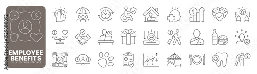 Employee benefits web line icon set featuring insurance healthcare salary compensation wellness HR pension retirement bonus and corporate workforce management. Editable stroke