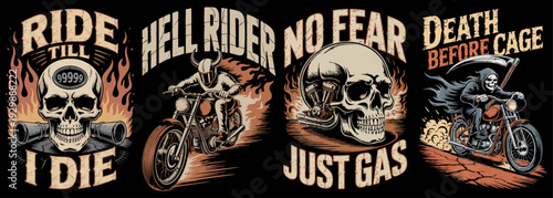 Vintage Biker Skull Motorcycle Typography Set – Ride Till I Die, Hell Rider No Fear, Death Before Cage Retro Design