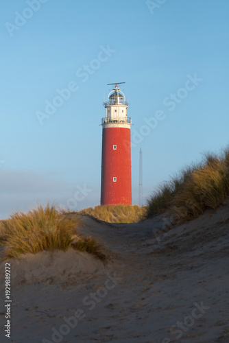 Red Lighthouse on Sand Dunes with Path Leading Forward, Texel Island, Netherlands