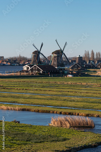 Traditional Dutch Windmills and Canals in Zaandam, North Holland, Netherlands