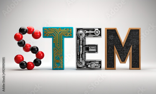 Creative 3D STEM acronym featuring science, technology, engineering, and math concepts on white.