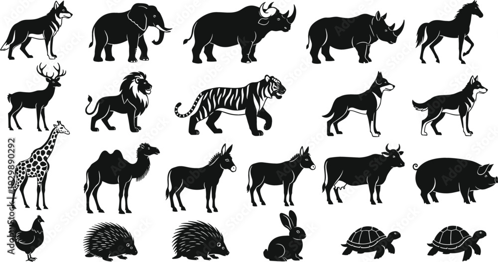 Fototapeta premium Wild and farm animal silhouette icon set in black