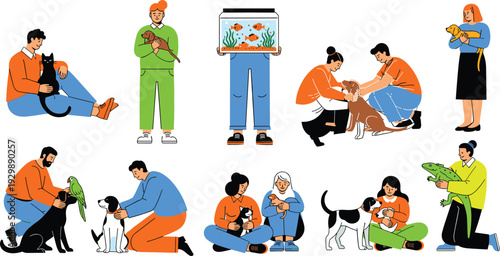 People caring for pets together, feeding, holding and playing with cats, dogs, birds, reptiles and fish illustration