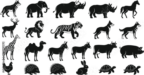Wild and farm animal silhouette icon set in black