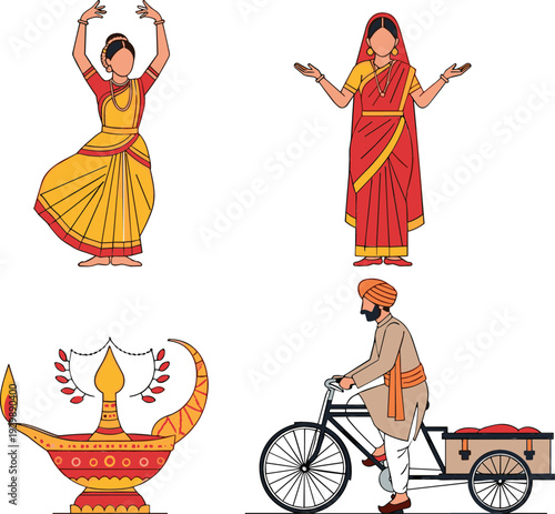 Indian culture illustration set with classical dance poses, traditional sari woman, diya oil lamp, and Sikh man on bicycle