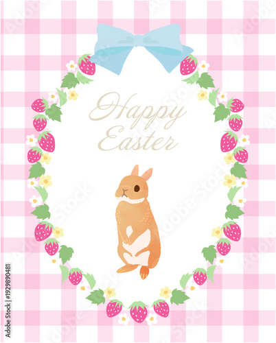 イースターのうさぎと苺のフレーム：ピンクのギンガムチェック背景素材/Easter Rabbit and Strawberry Wreath Frame: Pink Gingham Check Background