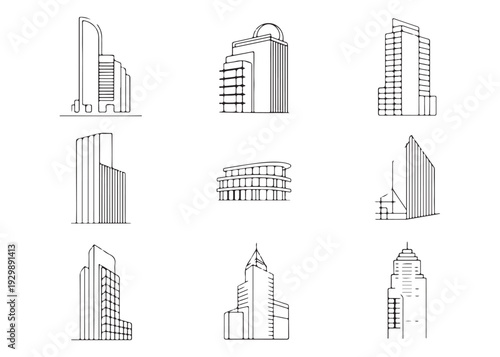 Modern skyscrapers and city skyline buildings in a minimalist line art style perfect for urban concepts