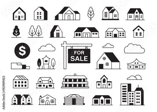 Collection of diverse house and building icons in simple outline style for real estate and construction projects