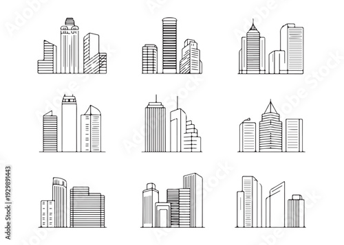 Collection of various modern city buildings and skyscrapers creating a diverse urban architectural landscape