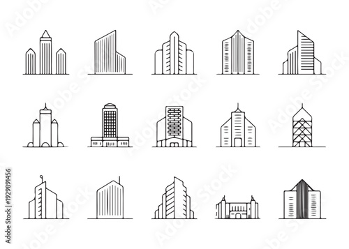 Assortment of unique and stylish building icons in outline drawing, representing diverse architectural styles