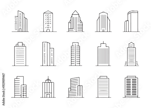Group of sleek and modern building designs in a thin line style for architectural and corporate themes