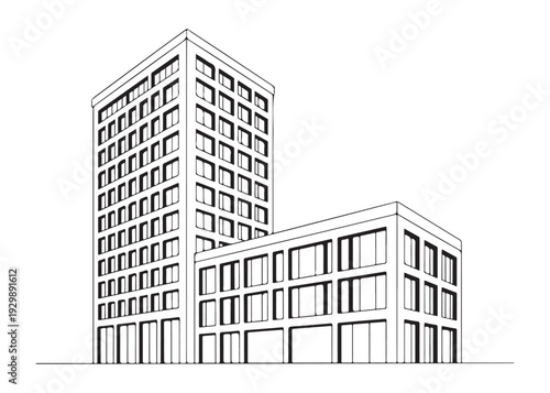 Modern skyscraper and office building black and white illustration