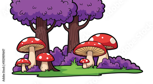 Colorful Cartoon Forest with Enchanting Purple Trees and Spotted Red Mushrooms