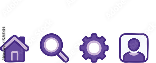 Essential digital interface navigation tools featuring home, search, settings, and user profile symbols for application and website design projects