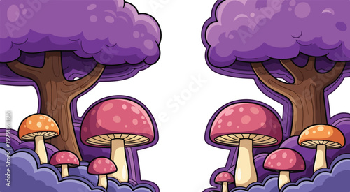 Whimsical Fantasy Forest Frame with Purple Trees and Dotted Mushrooms Vector