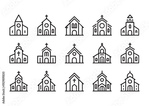 Collection of diverse church building styles and architectural designs in simple line icons.