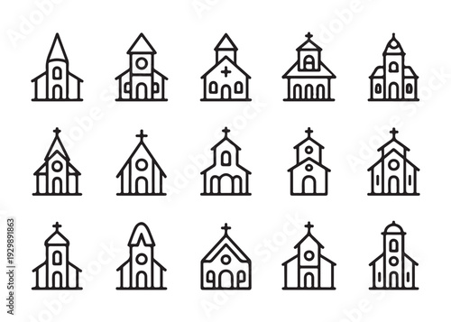 Church icon set with various christian building architectures isolated on white background for web