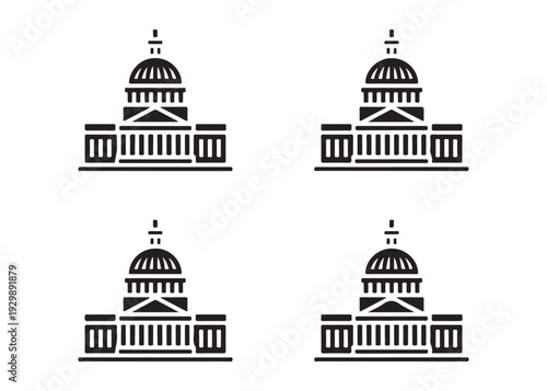 Four identical black and white vector icons of a capitol building with a dome and columns.
