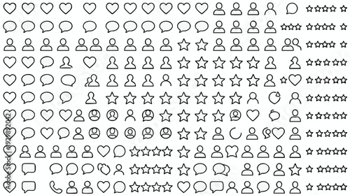 A collection of simple outline icons representing social media engagement, communication, and user profiles, perfect for web and app design