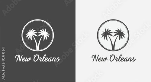 Two New Orleans city logos with palm trees in circles on dark and light backgrounds