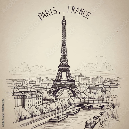 Hand drawn Eiffel Tower in Paris France cityscape sketch.