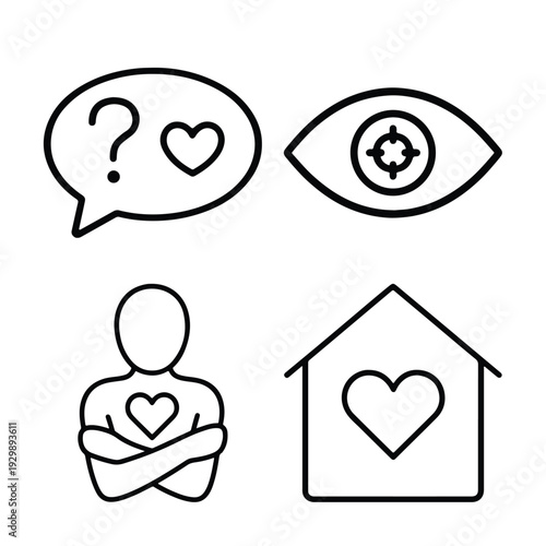Set of four line icons representing core human needs and emotions communication, vision, selflove, and home security or belonging