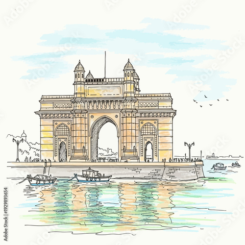 Gateway of India monument in Mumbai, India, watercolor illustration.