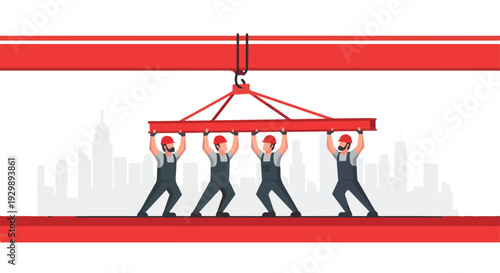 Illustration of four businessmen in black suits lifting a red beam with a city skyline in the background, depicted in a graphic style with a bold color scheme.