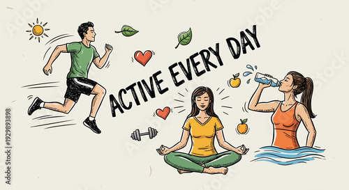 Vector illustration of 3 people engaging in fitness activities