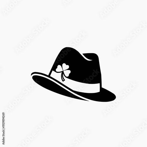 Black fedora hat with a shamrock clover for St. Patrick's Day.