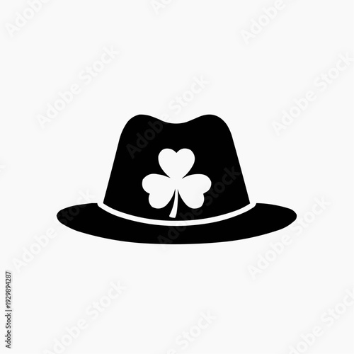 Black silhouette of a fedora hat with a white shamrock clover.