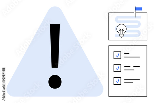 Risk management concept. Warning sign alongside checklist and planning elements s risk management. Risk management aids in organization, safety, strategy, and decision-making. Ideal for business