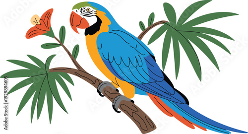 Blue and Gold Macaw Parrot Perched on Tropical Tree Branch with Flowers and Palm Leaves, Flat Vector Illustration Isolated on White
