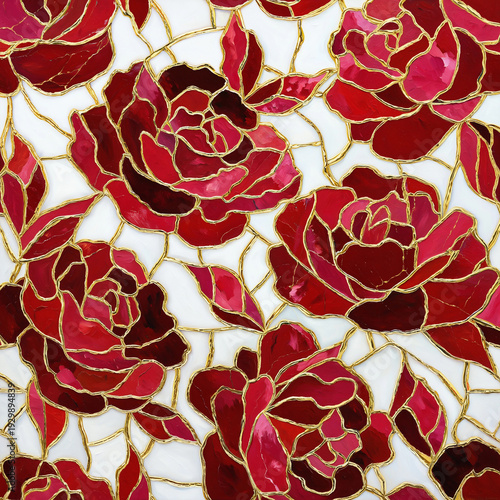 Red Roses with Gold Outlines Stained Glass Mosaic Illustration