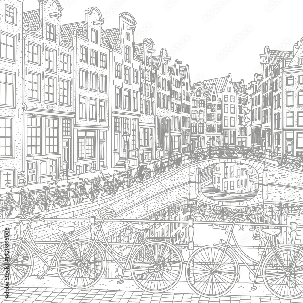 Fototapeta premium Detailed black and white illustration of bicycles parked on a cobblestone street in front of a bridge and traditional European buildings.