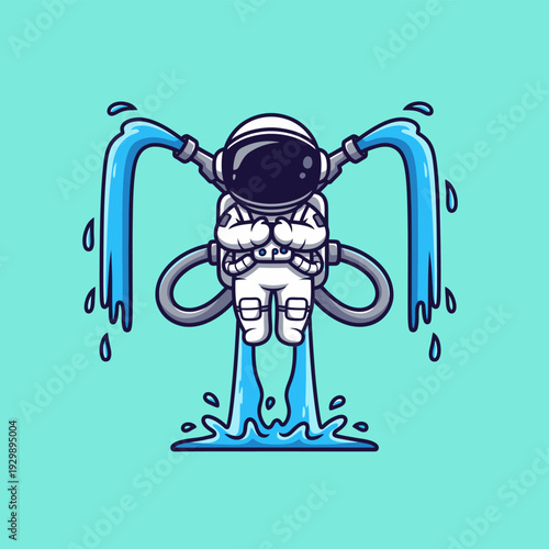 Cute Astronaut Flying with Water Jetpack Power Illustration