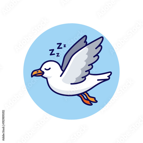 Cute Cartoon Sleeping Seagull Flying Peacefully Vector Icon